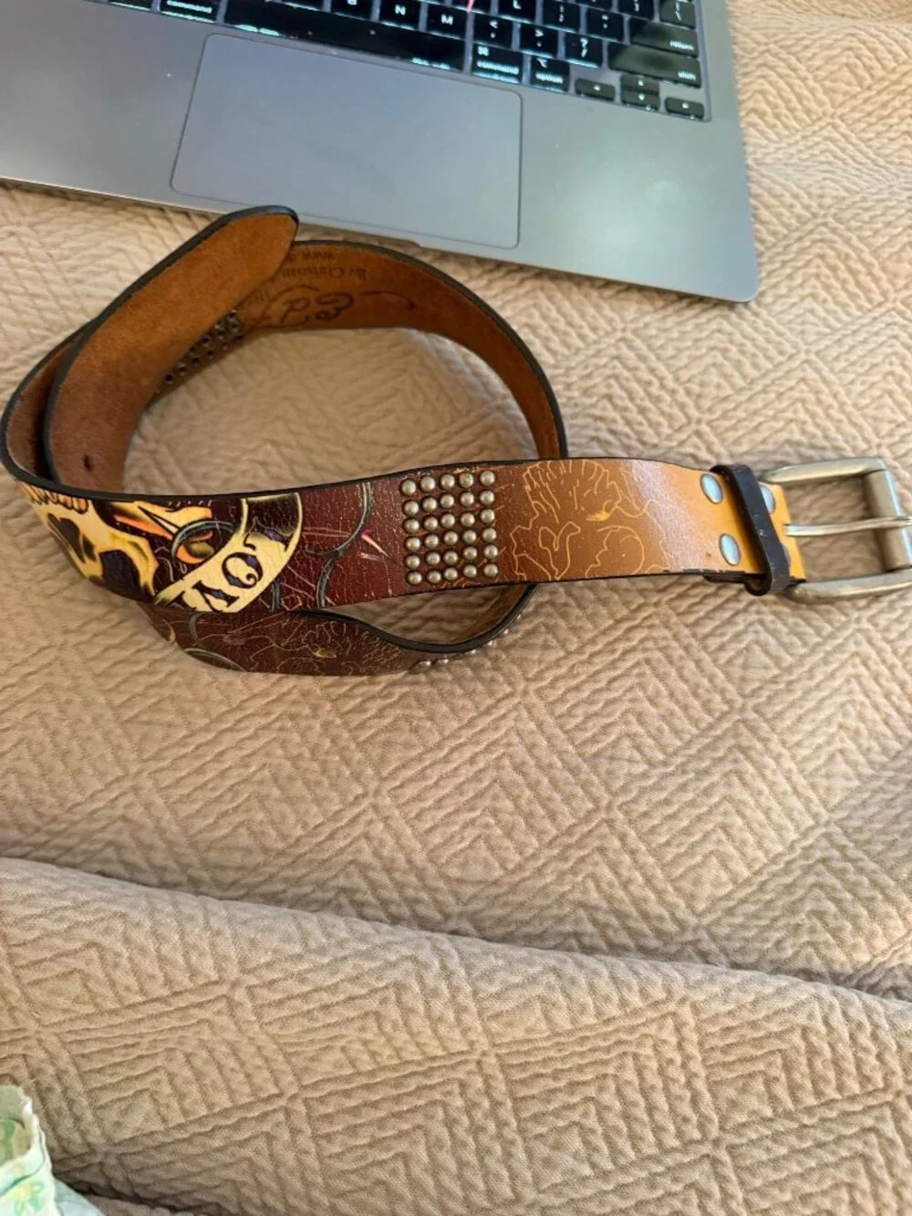 Ed Hardy Womens Studded Tattoo-inspired Belt Size M Brown Leather Casual Y2k
